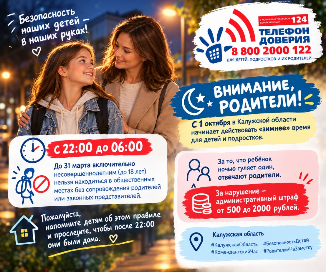 Внимание, родители! С 1 октября в Калужской области начинает действовать «зимнее» время для детей и подростков.